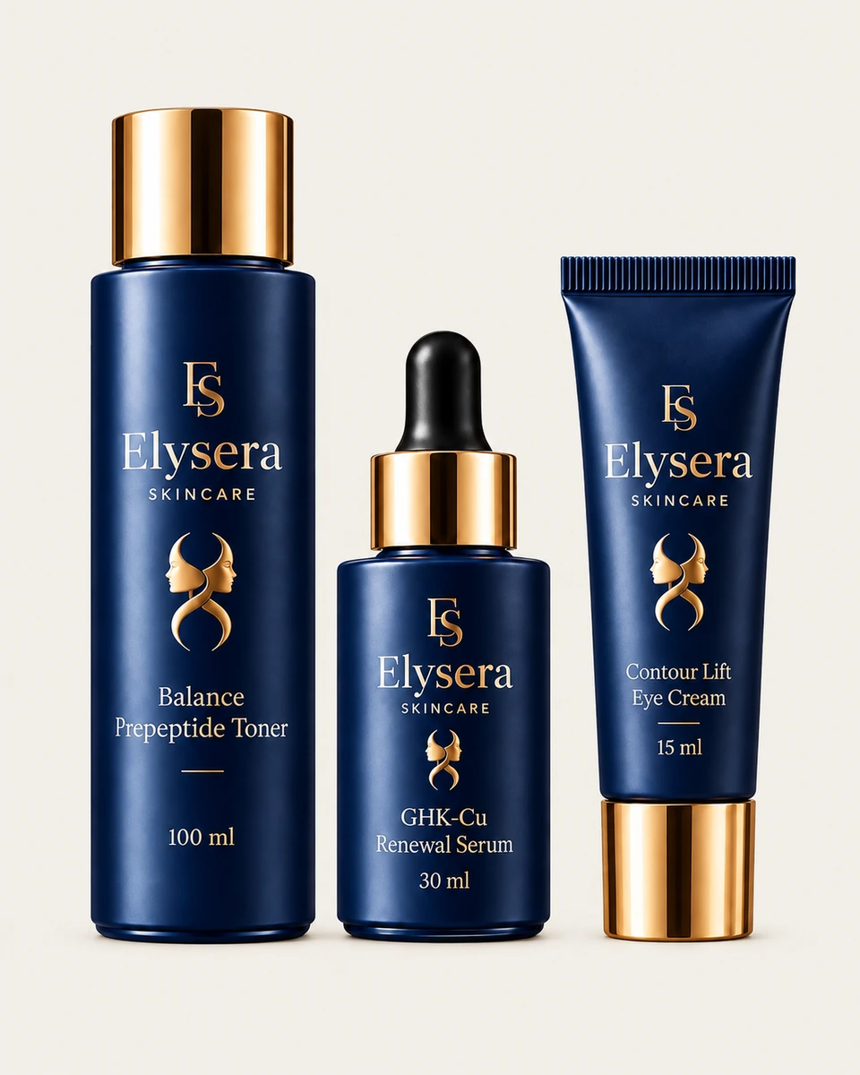 Toner, Serum und Augencreme gemeinsam auf beigem Hintergrund