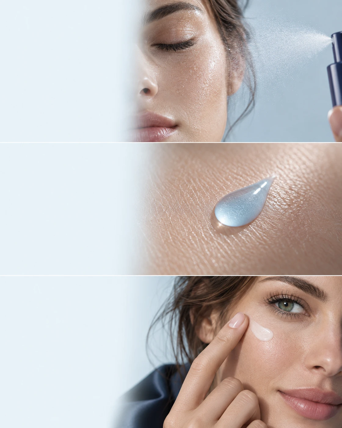 Toner als feiner Sprühnebel, hellblaues Serum auf der Haut und sanft aufgetragene Augencreme