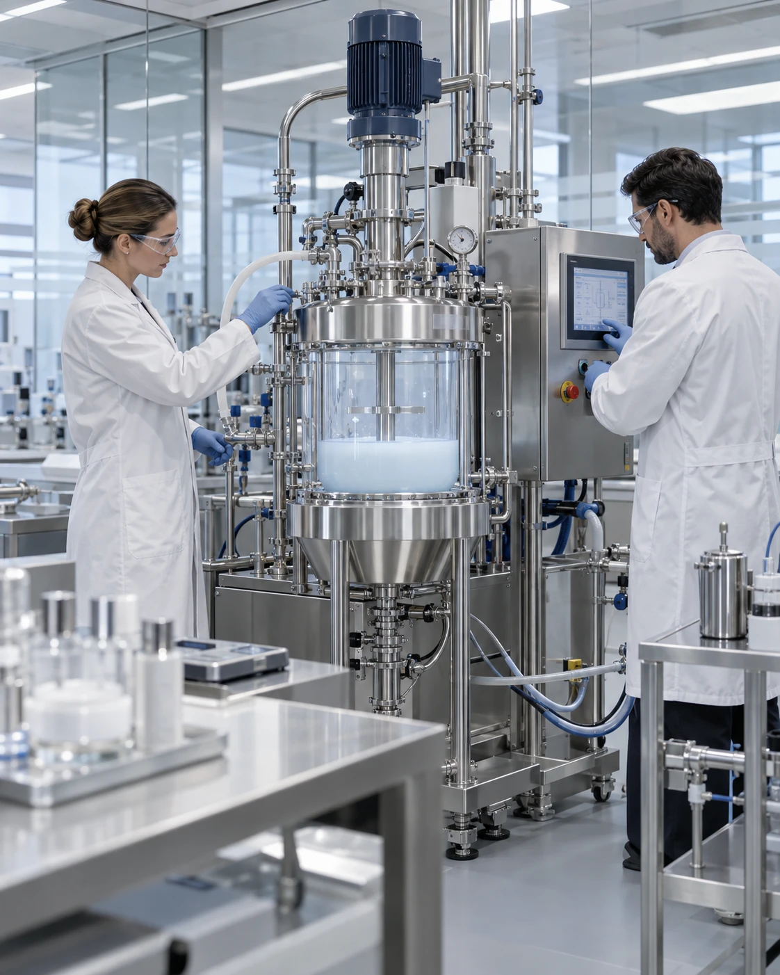 Illustrative Laborszene mit zwei Forschenden an einer Formulierungsanlage
